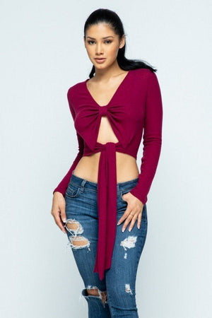 Soft Heavy Knit Front Ribbon Side Band Tie Long Sleeve Crop Top