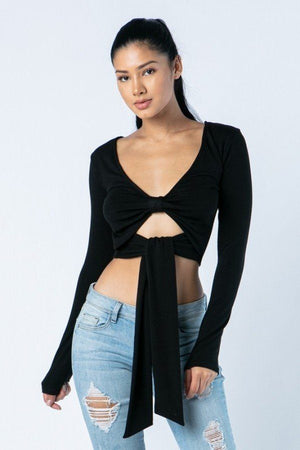 Soft Heavy Knit Front Ribbon Side Band Tie Long Sleeve Crop Top