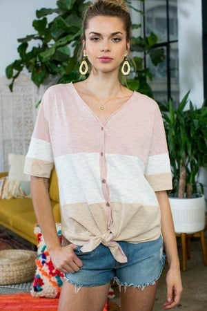 Short Sleeve Front Tie Button Down Color Block Knit Top