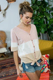 Short Sleeve Front Tie Button Down Color Block Knit Top