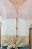 Short Sleeve Front Tie Button Down Color Block Knit Top