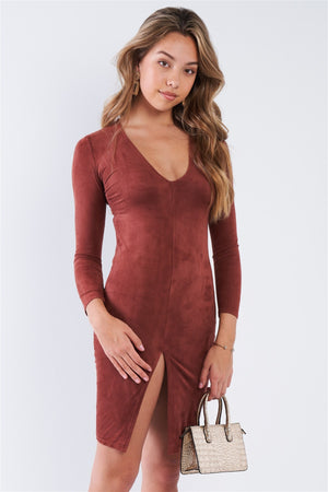 Rust Front Slit Bodycon Mini Dress