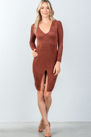 Rust Front Slit Bodycon Mini Dress