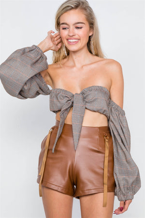 Plaid Center Bow Off-the-shoulder Crop Top