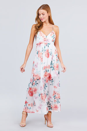 Deep V-neck W/cross Strap Print Maxi Dress