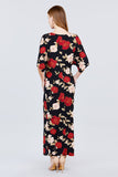 Short Dolman Sleeve V-neck Front Knot And Slit Print Knit Long Dress