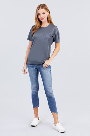 Short Sleeve Round Neck One Pocket Box Knit Top