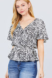 Ruffle Short Sleeve V-neck Surplice Side Ribbon Tie Woven Top