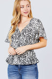 Ruffle Short Sleeve V-neck Surplice Side Ribbon Tie Woven Top