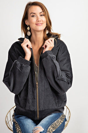 Retro Look Quilted Soft Corduroy Bomber Jacket