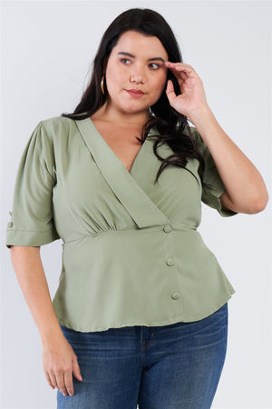 Plus Size V-neck Mock Side Button Peplum Top