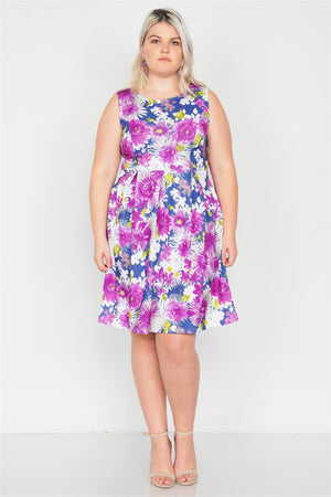 Plus Size Purple Navy Watercolor Floral Print Casual Midi Dress