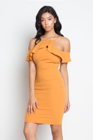 Ruffle Open Shoulder Halter Dress