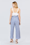 Straight Neck Waist Belted Stripe Long Jumpsuit