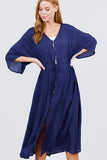 Elbow Sleeve Waist Ribbon Tie Button Down Long Woven Cardigan