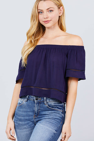 Elbow Sleeve Off The Shoulder Lace Trim Woven Top