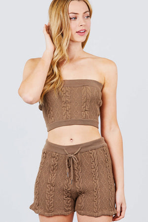 Cable Detail Sweater Tube Top And Sweater Short Pants Set