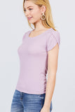 Short Tulip Puff Sleeve Round Neck Rib Knit Top