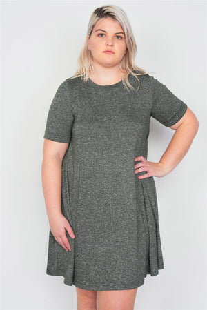 Plus Size Flare Casual Cuffed Short Sleeve Mini Shirt Dress