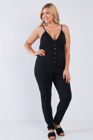 Plus Size Ribbed Knit Button Down Spaghetti Strap Jumpsuit