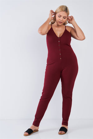 Plus Size Ribbed Knit Button Down Spaghetti Strap Jumpsuit