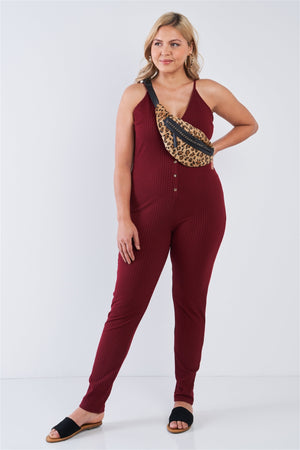 Plus Size Ribbed Knit Button Down Spaghetti Strap Jumpsuit