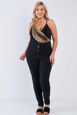 Plus Size Ribbed Knit Button Down Spaghetti Strap Jumpsuit