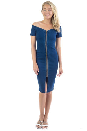 Off Shoulder Zip-front Denim Dress