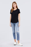 Short Sleeve Crew Neck W/shoulder Button Detail Rayon Spandex Top