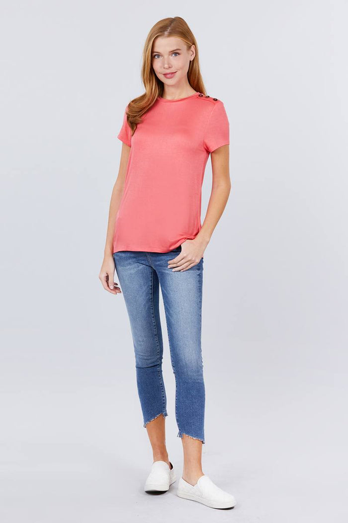 Short Sleeve Crew Neck W/shoulder Button Detail Rayon Spandex Top