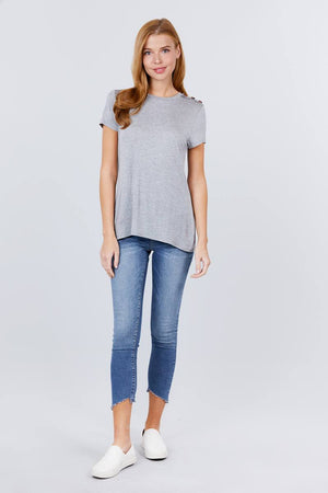 Short Sleeve Crew Neck W/shoulder Button Detail Rayon Spandex Top