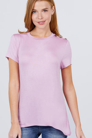 Short Sleeve Crew Neck W/shoulder Button Detail Rayon Spandex Top