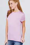 Short Sleeve Crew Neck W/shoulder Button Detail Rayon Spandex Top