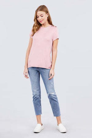 Short Sleeve Crew Neck W/shoulder Button Detail Rayon Spandex Top