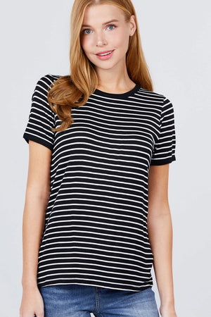 Short Sleeve Crew Neck Stripe Rayon Spandex Ringer Knit Top