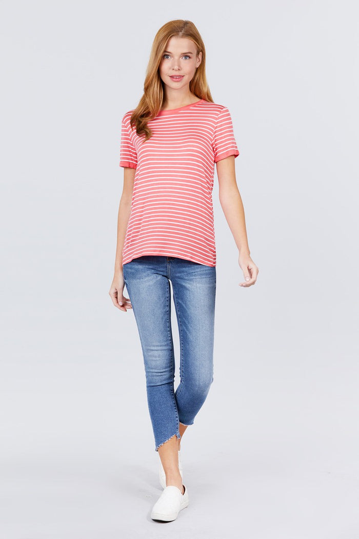 Short Sleeve Crew Neck Stripe Rayon Spandex Ringer Knit Top