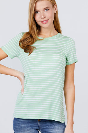 Short Sleeve Crew Neck Stripe Rayon Spandex Ringer Knit Top