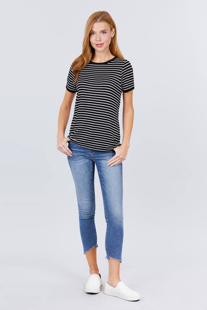 Short Sleeve Crew Neck Stripe Rayon Spandex Ringer Knit Top