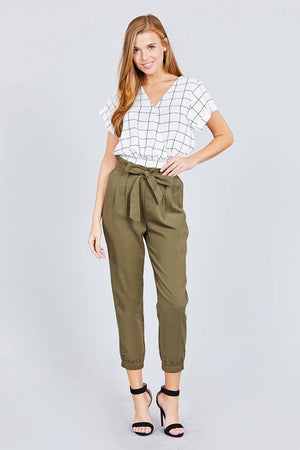 Paperbag W/bow Tie Elastic Hem Long Linen Pants