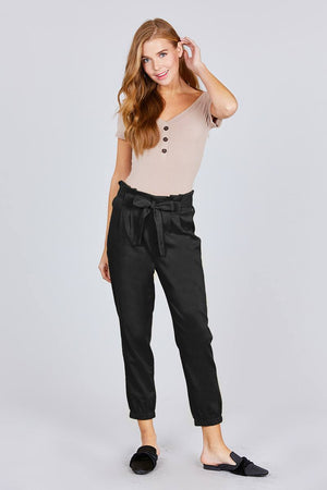 Paperbag W/bow Tie Elastic Hem Long Linen Pants