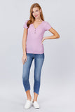 Short Sleeve W/button Detail Henley Neck Rib Knit Top