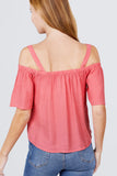 Elbow Sleeve Open Shoulder Button Down Woven Top