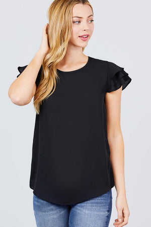 Short Cap Ruffle Sleeve Round Neck Woven Top