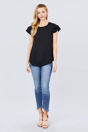 Short Cap Ruffle Sleeve Round Neck Woven Top