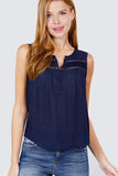 Sleeveless Front Pleats Detail W/button Woven Top