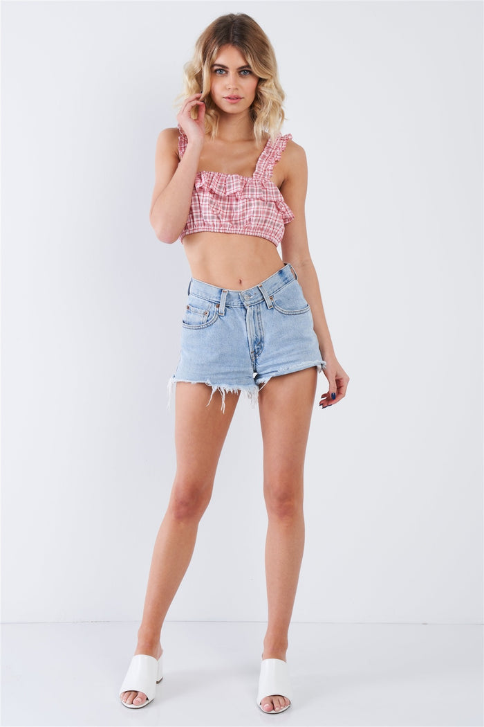 Cotton Multi Stripe Frill Trim Crop Top