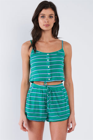 Green Blue & White Stripe Mock Front Button Crop & Casual Mini Short Loungewear Set