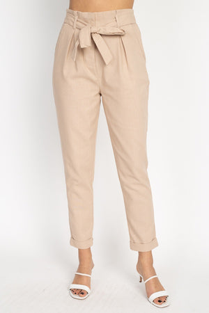 Belted Linen Paper Bag Pants