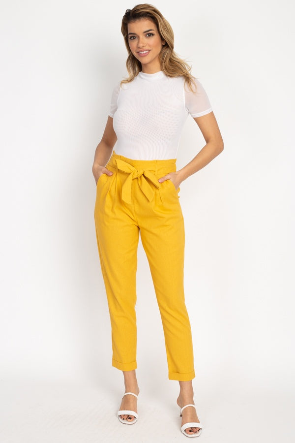 Belted Linen Paper Bag Pants