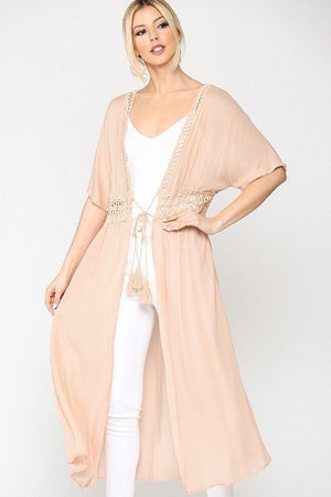 Lace Trim Open Front Tassel Waist Tie Duster Cardigan